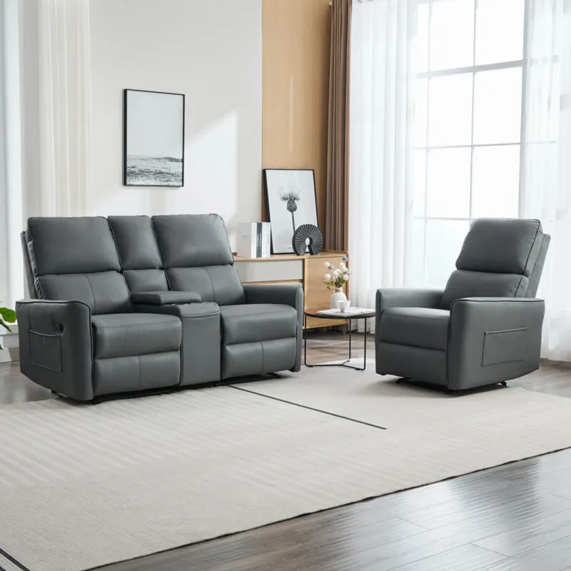 MORE4HOMES Madrid 1+2 Seater w Console Manual Recliner Air Leather Sofa Set Grey