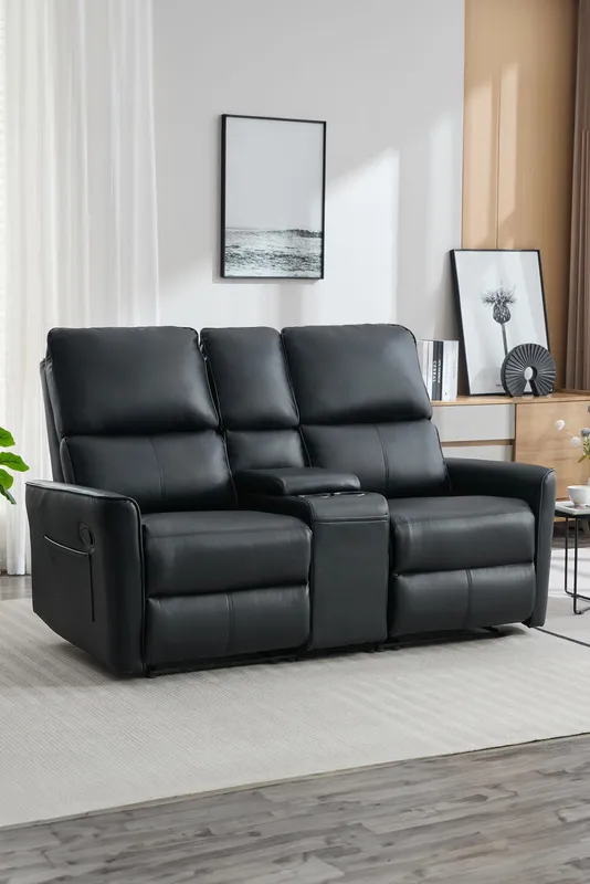 More4Homes Madrid 2 Seater W Console Manual Air Leather Recliner Sofa in Black Black
