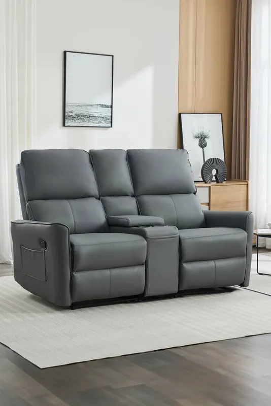 More4Homes Madrid 2 Seater W Console Manual Air Leather Recliner Sofa in Grey Grey