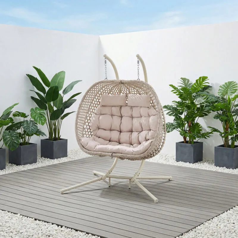 MORE4HOMES Sicily Garden Double Egg Chair Outdoor Indoor Folding Rattan Metal Hanging Swinging Chair (Beige)