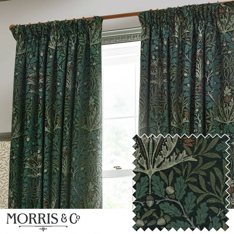 Morris & Co Unisex Acorn Multi Floral Jacquard Room Darkening Pencil Pleat Curtains in Green Size: 229cm width x 229cm drop Green 229cm width x 229cm drop female