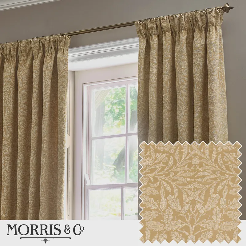 William Morris/Morris & Co Morris & Co. Acorn Tonal Matt Jacquard Ready Made Pencil Pleat Curtains Gold