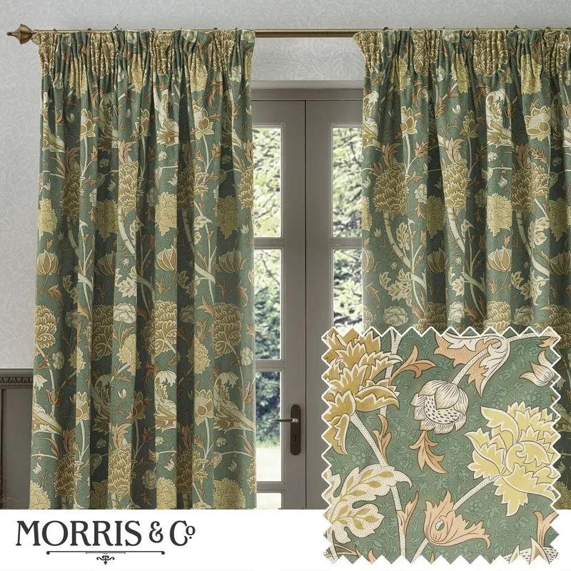 Morris & Co Cray Floral Velvet Room Darkening Pencil Pleat Curtains in Green Size: 229 cm width x 229 cm drop Green 229 cm width x 229 cm drop