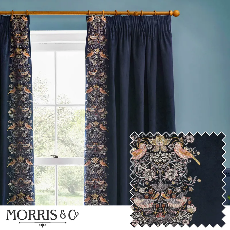 Morris & Co Unisex Strawberry Thief Embroidered Velvet Room Darkening Pencil Pleat Curtain Pair indigo Size: 168cm width x 183cm drop Indigo female