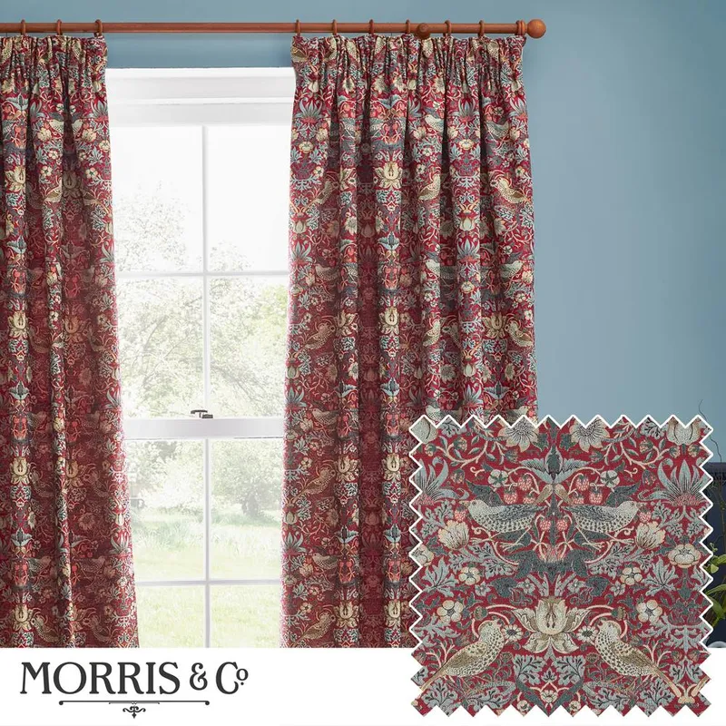 Morris & Co Strawberry Thief Jacquard Floral Room Darkening Pencil Pleat Curtain Pair in Red Size: 117 cm width x 137 cm drop Red 117 cm width x 137 cm drop
