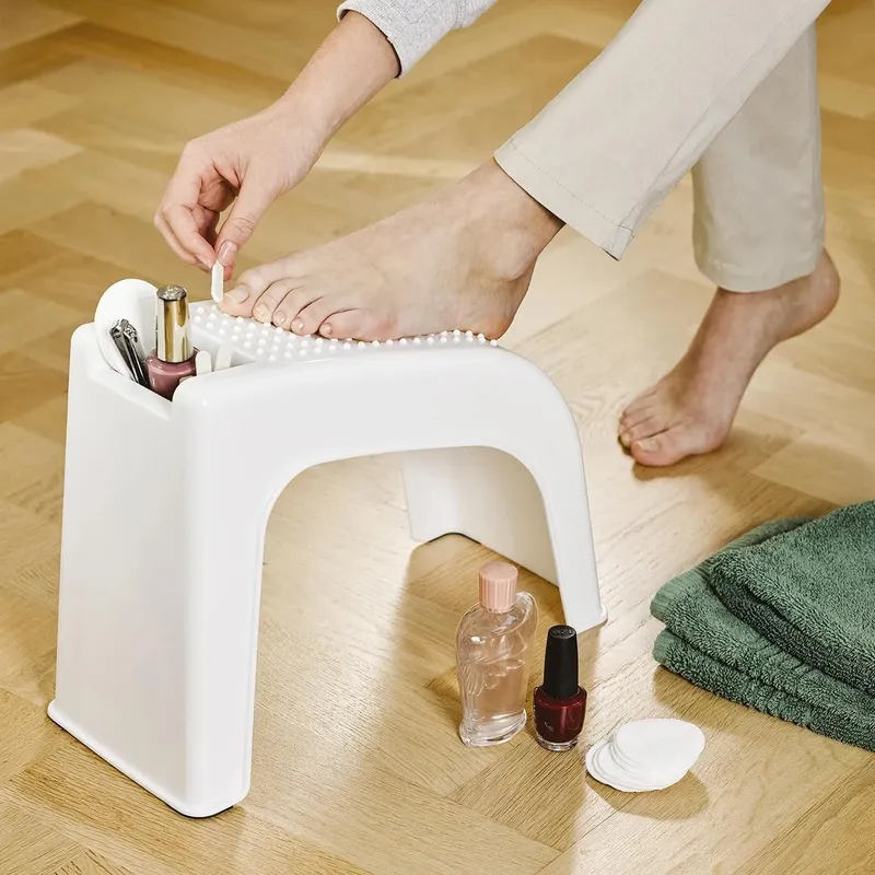 mysmartbuy Chiropody & Pedicure Stool with Anti-Slip Bumps & Tool Compartment - Portable Plastic Footrest Support Stand for Foot & Nail Care in White White