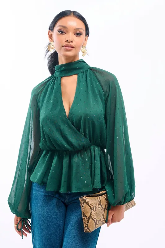 Needs No Label Women's Sparkly Green Wrap Top Size: 10 Green 10