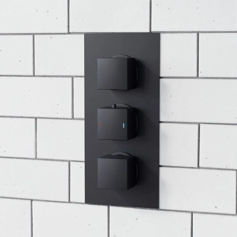 Nes Home Matt Black Square 3 Dial 3 Outlet Concealed Thermostatic Shower Black
