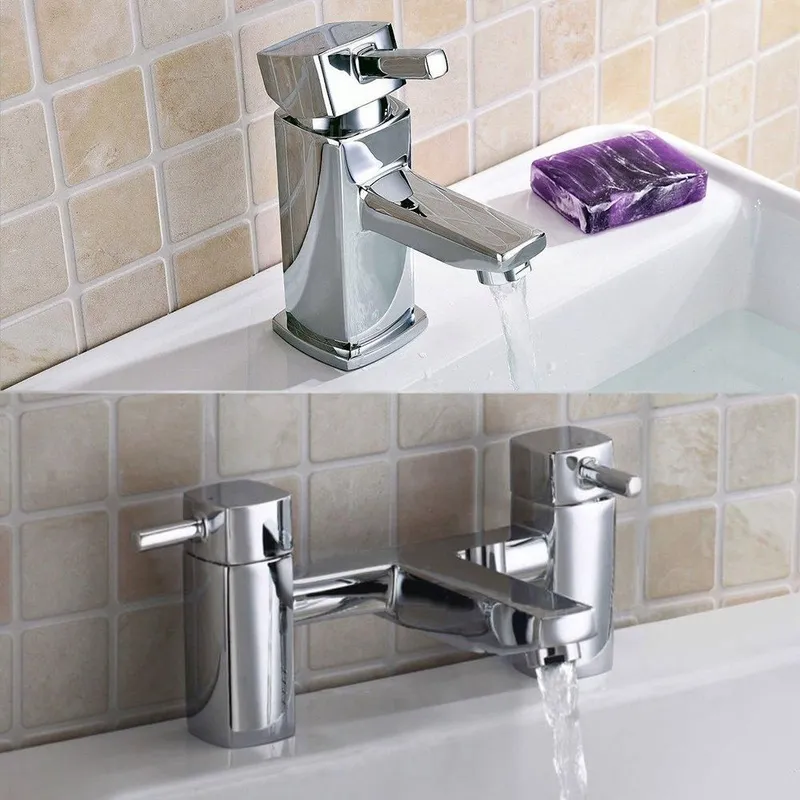 Nes Home Newport Square Mini Basin Mixer & Bath Filler Taps Chrome in Silver Silver