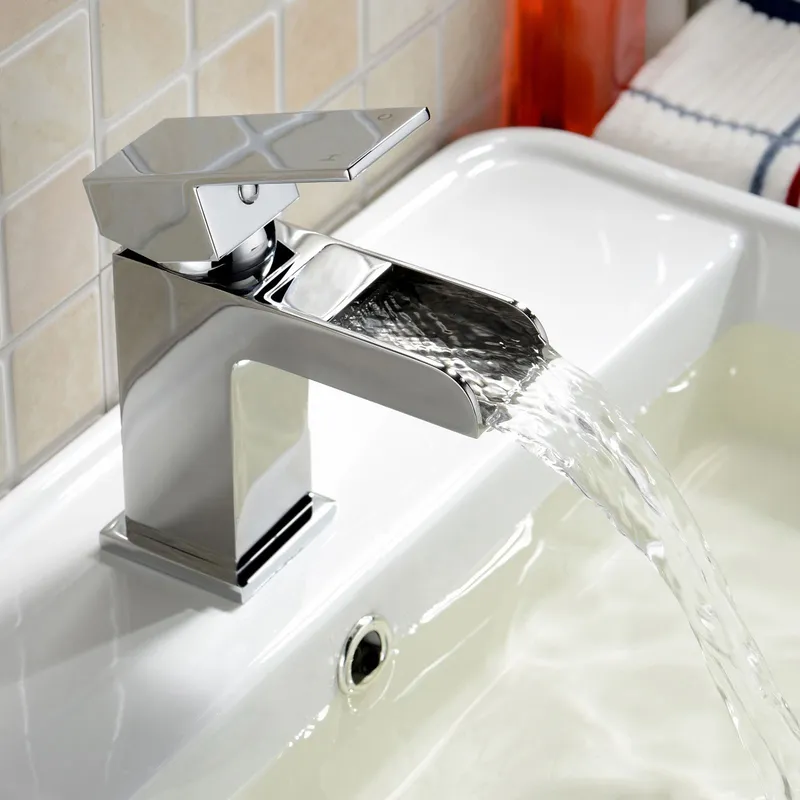 Nes Home Ozone Square Waterfall Bathroom Basin Sink Mono Mixer Chrome Tap with waste in Silver Silver