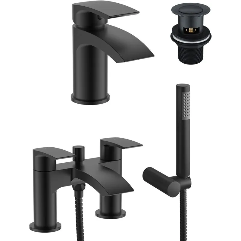 Nes Home Round Matte Black Waterfall Basin Mixer & Bath Mixer Taps with Waste Black