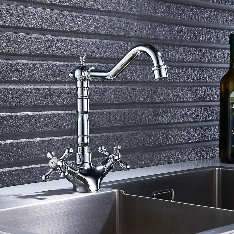 Nes Home Victorian Traditional Twin Cross Handle Kitchen Sink Mono Mixer Tap in Silver Silver