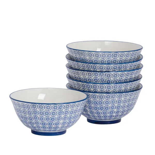 Nicola Spring Hand-Printed Cereal Bowls - 16cm - Pack of 6 in Navy Navy