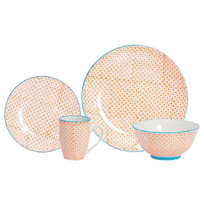 Nicola Spring 24 Piece Hand-Printed Dinner Crockery Set in Orange Orange