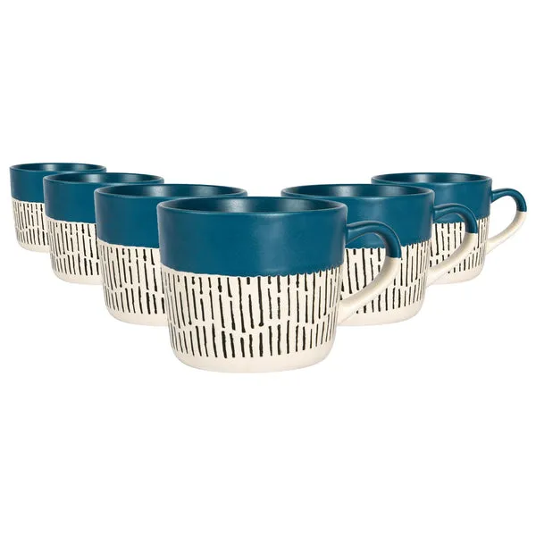 Nicola Spring 450ml Blue Colour Block Dash Stoneware Coffee Mugs - Pack of Six