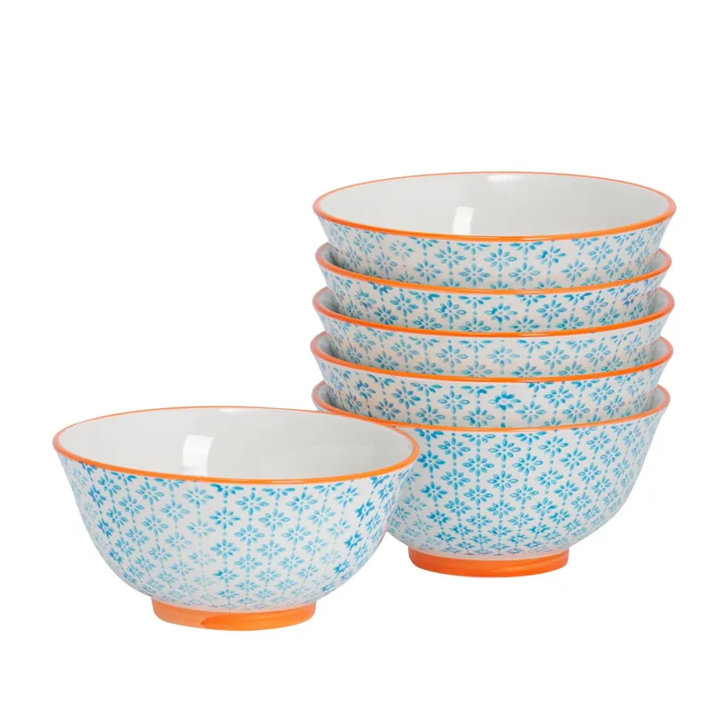 Nicola Spring Hand-Printed Cereal Bowls - 16cm - Pack of 6 in Blue Blue