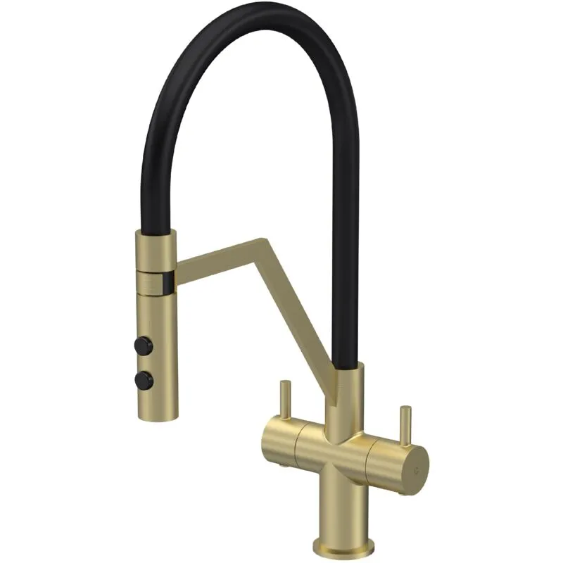 Nuie - Modern Kitchen Mono Mixer Tap with 2 Lever Handles, 436mm - Brushed Brass