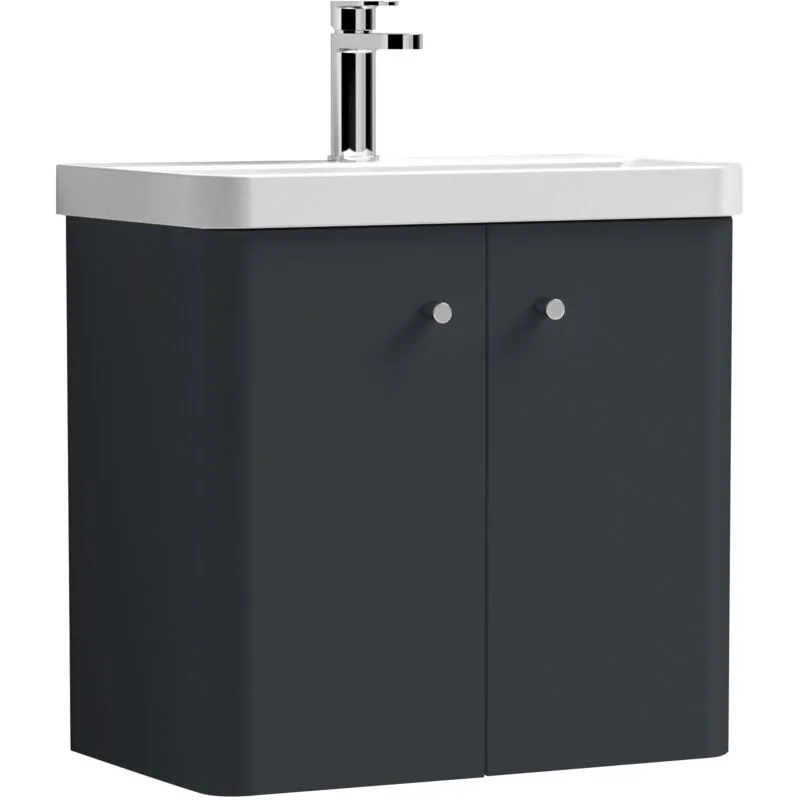 Nuie - Wall Hung 2 Door Vanity Unit with Ceramic Sink - 600mm - Dark Grey