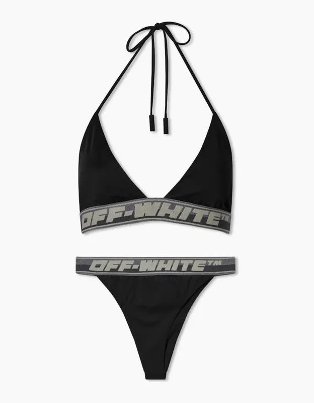 Women's Off-White Logo Band Bikini Black Swim Wear - Black/Black - Size: L