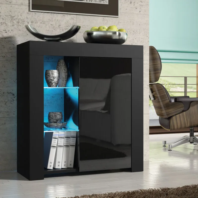 Olivia Furniture Serene Sideboard 83cm - Black with Gloss Doors & led