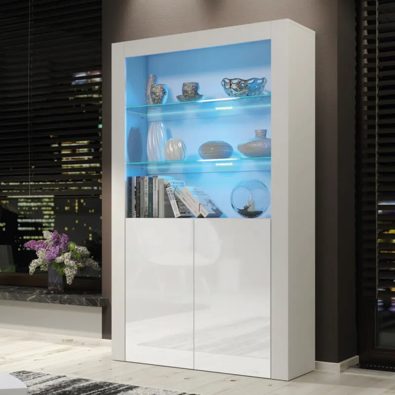 Mex Furniture Ltd Display Cabinet with LED Lights & Gloss Doors / 170cm in White White