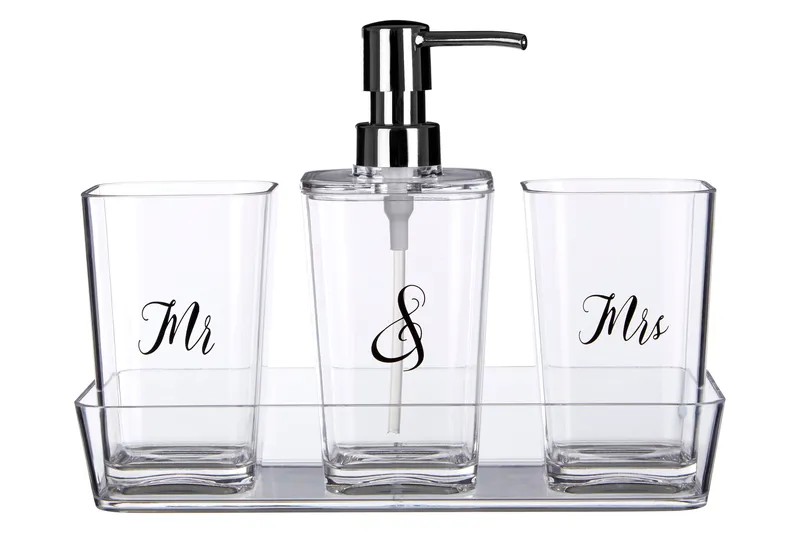 Orsina 3 Pc Bathroom Accessories Set With Matching Tray, Clear Bathroom Decor Set, Soap Dish, Tumbler, & Dispenser Clear