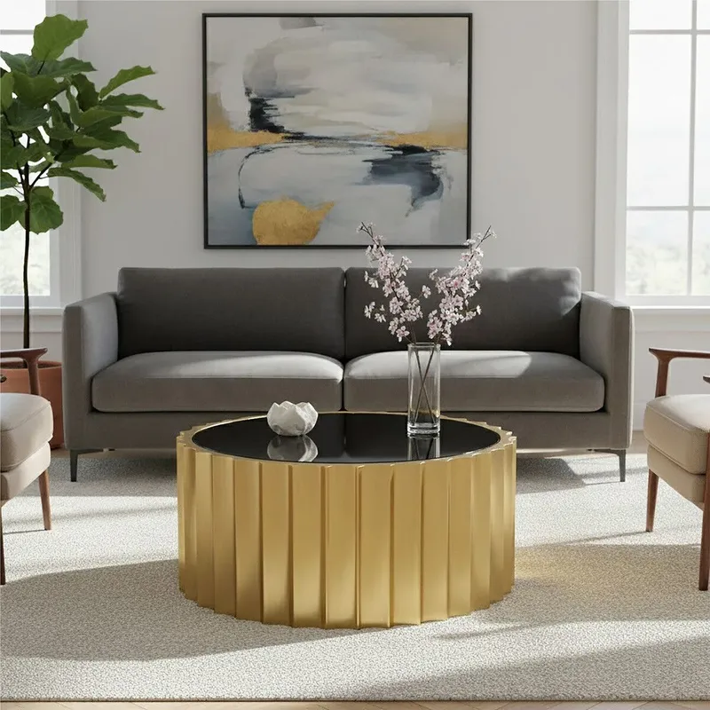 Premier Housewares - Interiors by Premier Black Glass and Gold Titanium Round Coffee Table Modern, Statement Piece Modern Luxury Coffee Table