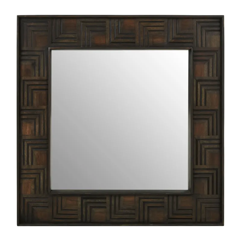 Orsina Boho Square Wall Mirror, Weathered Dark Mango Wood Frame With Carved Detail, Decorative Mirror in Brown Brown