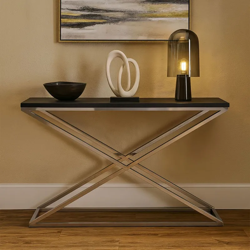 Orsina Criss Cross Console Table, Stainless Steel Console Table, Contemporary Hallway Table in Black Black