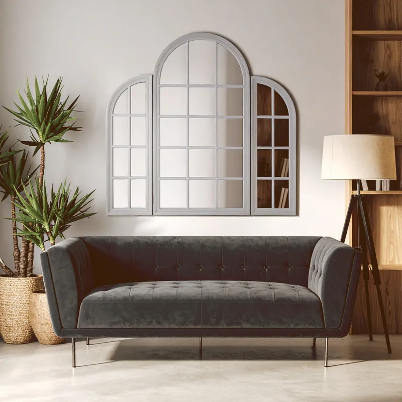 Orsina Fret Flat Wood Wall Mirror in Grey Grey