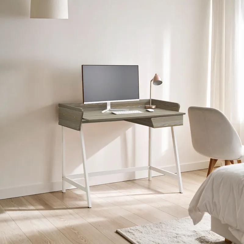 Orsina Functional Oak Desk, Minimal Office Desk, Computer Desk With Storage in Grey Grey