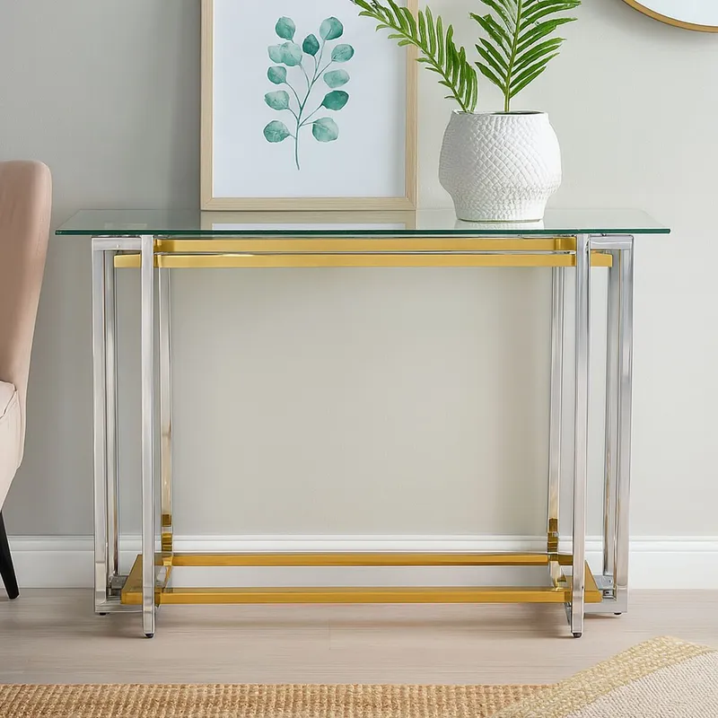 Orsina Glass Top Console Table, Gold & Silver Luxury Console Table, Modern Style Console Table with Glass Top Gold