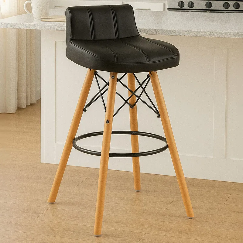 Orsina Leather Effect Seat Bar Stool, Comfortable Seating Faux Leather Bar Stool, Space-Saver Kitchen Stool in Black Black