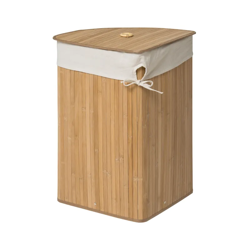 Orsina Natural Bamboo Corner Laundry Hamper, Space-Saving Triangular Design With Lid & Cotton Lining Natural
