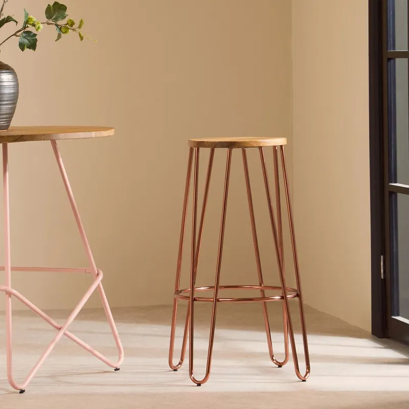 Orsina Rose Gold Metal & Elm Wood Round Bar Stool, Hairpin Stool, Sturdy Stool for Bar, Kitchen Counter in Brown Brown
