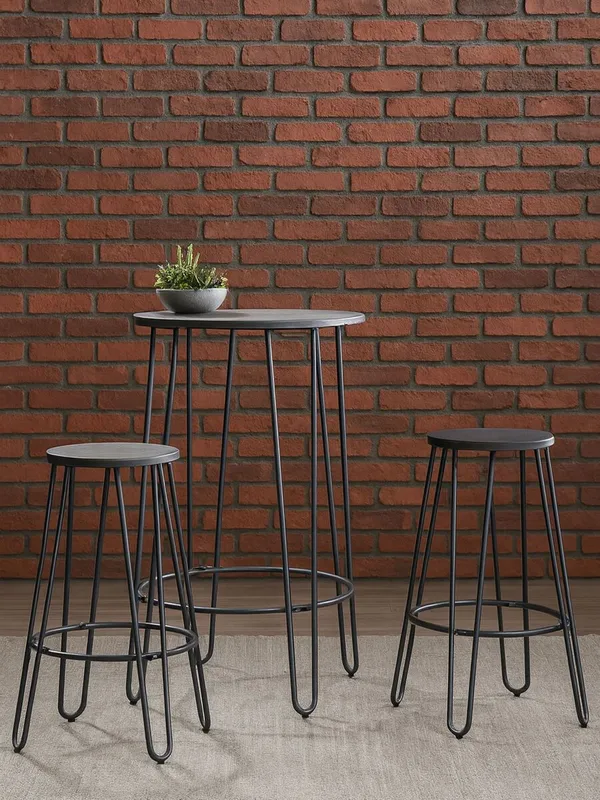 Orsina Set of 3 Metal Frame Bar Table Stool Set, Hairpin Stool for Kitchen Counter, Elm Wood Metal Frame Stool in Walnut Walnut