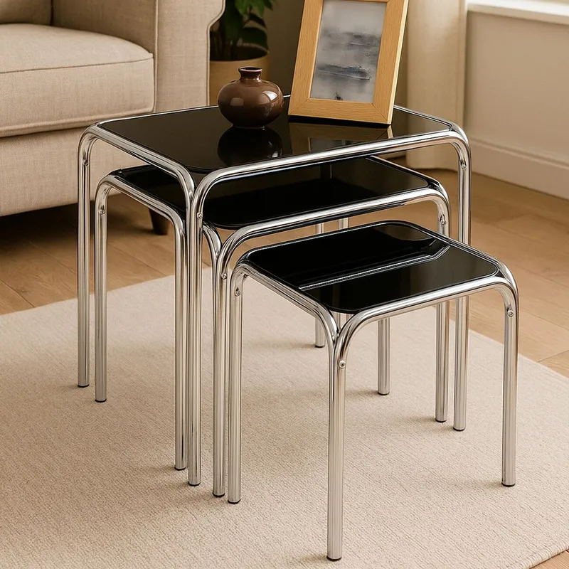 Orsina Set of Three Black Glass Nesting Tables, Modern Nesting Tables, Nesting Side Tables for Living Room Black
