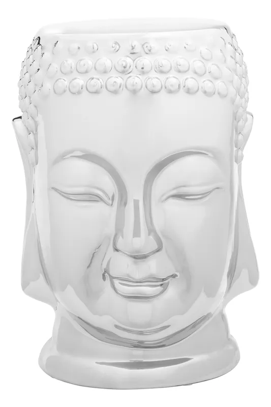Orsina Silver Buddha Ceramic Side Table, Modern Silver Side Table, Buddha Face Side Table, Modern Side Table Silver