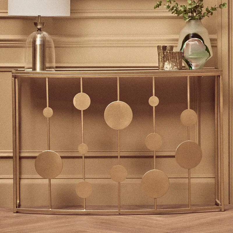 Orsina Sleek Champagne Gold Finish Console Table With Mirror Top, Sturdy Hallway Table, Decorative Surface Table Gold