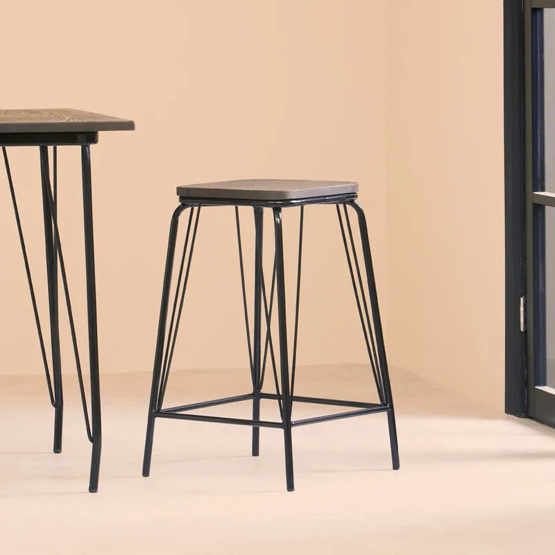 Orsina Sleek Metal & Elm Wood Stool, Sturdy & Reliable Large Square Stool, Wooden Bar Stool for Home Bar in Black Black