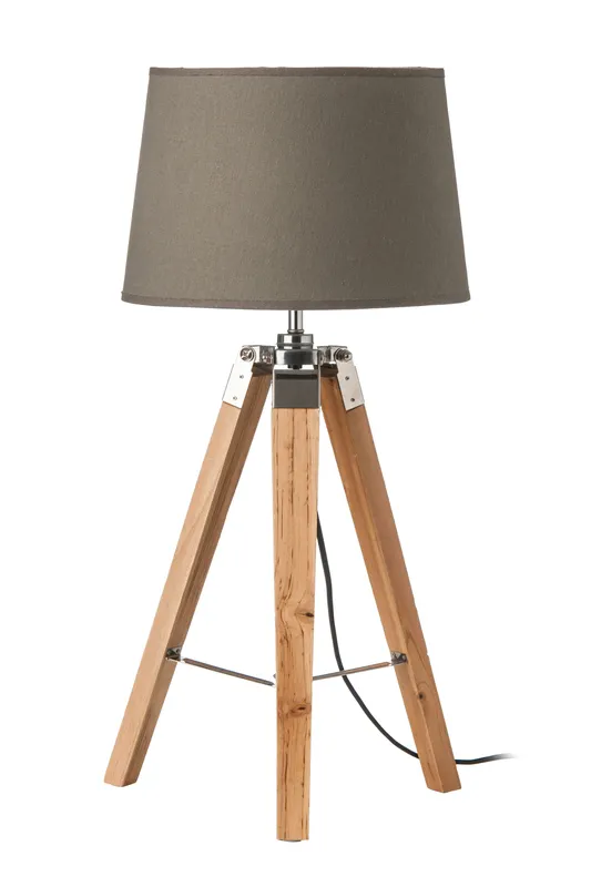 Orsina Tripod Table Lamp with White Fabric Shade, Natural Wood Legs, EU Plug in Grey Grey