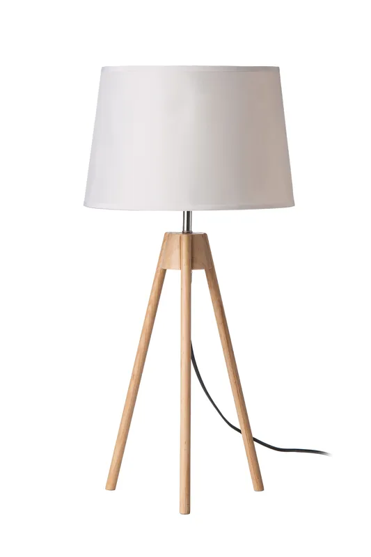 Orsina Tripod Table Lamp with White Fabric Shade, Natural Wood Legs, EU Plug White