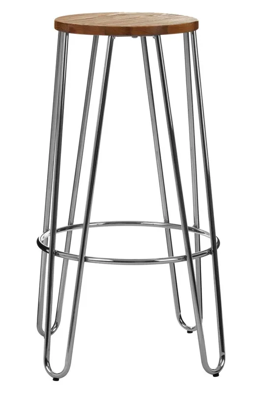 Orsina Versatile Chrome Metal & Elm Wood Round Bar Stool, Hairpin Stool, Sturdy Stool for Bar, Kitchen Counter in Silver Silver
