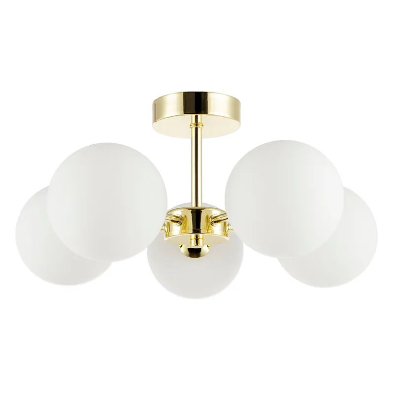 Chic Polished Gold 5-Arm Ceiling Light with White Globe Glass Shades