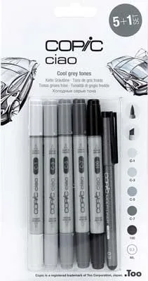 Copic Ciao Grey Mark Pens Set of 5 Plus 1 Black