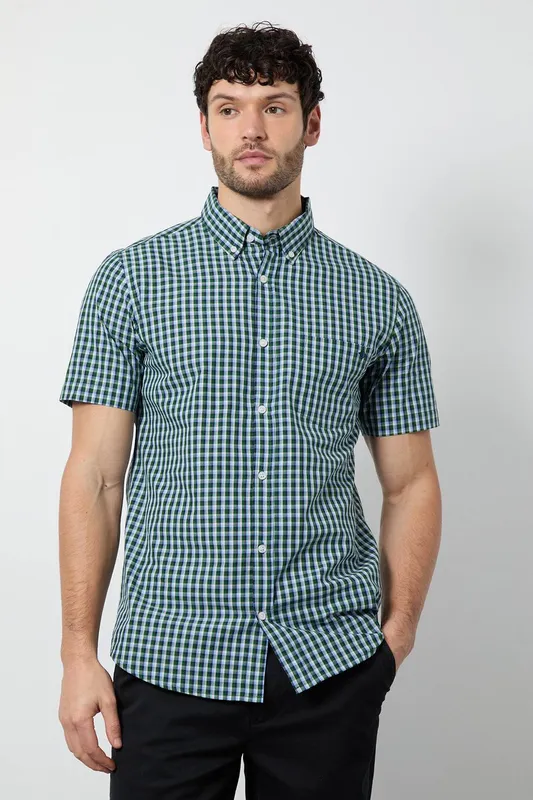 Debenhams Men's Dark Green Gingham Short Sleeve Shirt Size: 3XL - Dark Green - Size: 3XL
