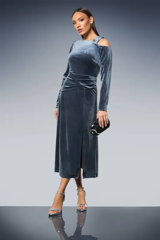 Debenhams Women's Asymmetric Neck Velvet Midi Dress in Silver Size: 20 - Silver