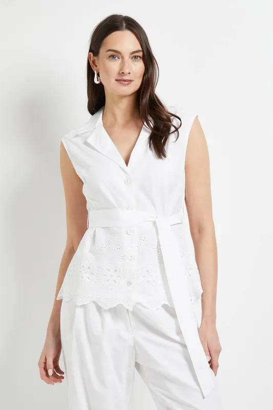 Debenhams Women's Collared Belted Broderie Top in White Size: 10 - White