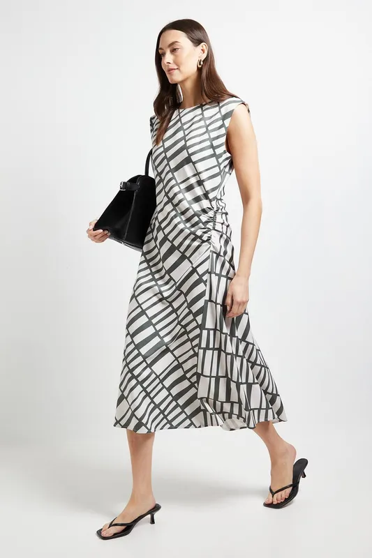 Debenhams Women's Geo Ruched Sleeveless Midi Dress in Khaki Size: 18 - Khaki