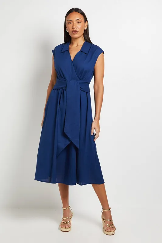Debenhams Women's Linen Blend Belted Midi Dress in Blue Size: 14 - Blue